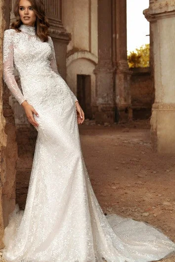 Modern Sheath High Neck Floor-length Long Sleeve Lace Wedding Dress with Appliques