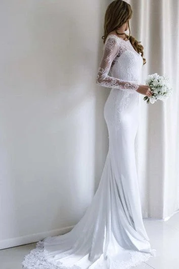 Bateau Lace Long Sleeve Sheath Chiffon Wedding Dress With Sweep Train