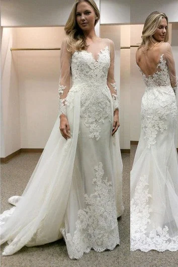 Long Sleeves Sheath Wedding Dress with Lace Detachable Train