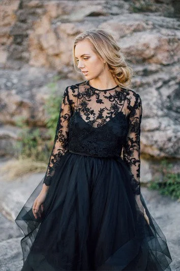 A-Line  Black Wedding Dress Scoop Long Sleeve Button Illusion Back With Appliques Lace Pleats Sash/Ribbon