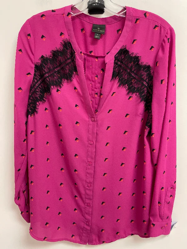 Top Long Sleeve By Worthington In Black & Pink, Size: L