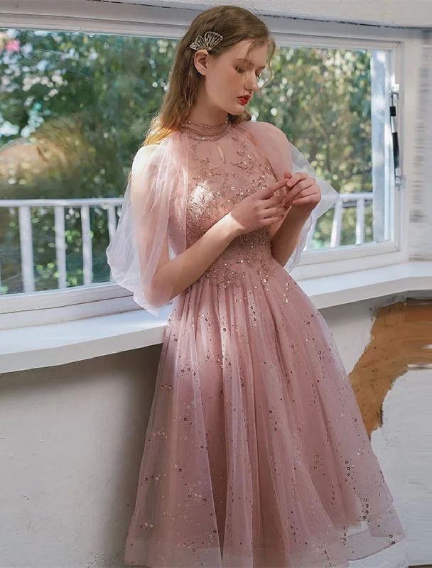 A-Line Cocktail Dresses Party Dress Engagement Knee Length 34 Length Sleeve Jewel Neck Tulle with Sequin Appliques