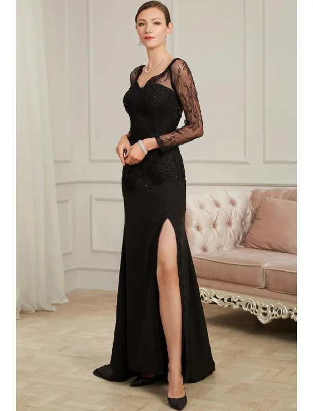 Evening Gown Sexy Dress Party Long Sleeve V Neck Chiffon Beading Slit Appliques