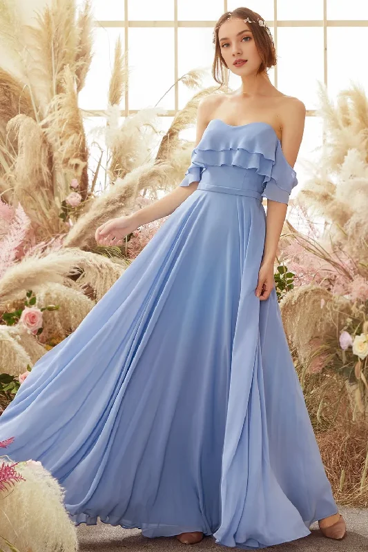 Off shoulder blue chiffon bridesmaid dress