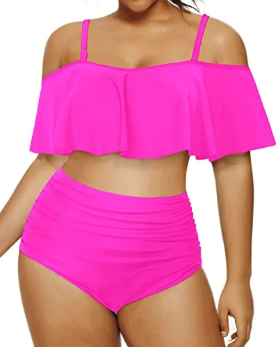 Retro-Inspired Plus Size High Waisted Bikini Ruched Bottoms-Neon Pink