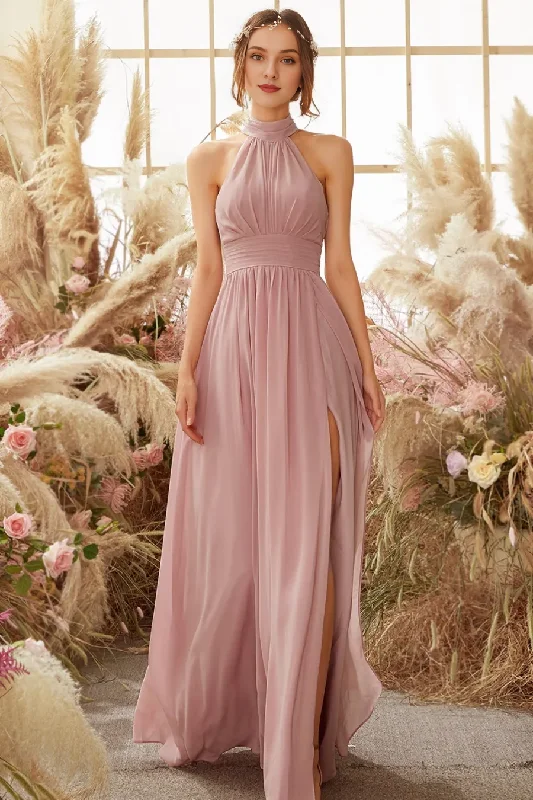 Hanging neck pleated chiffon bridesmaid dress