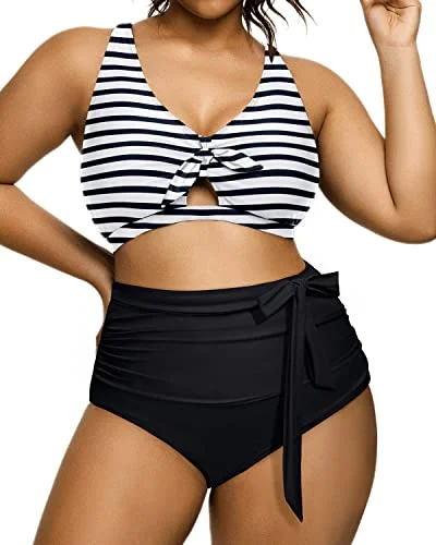 Two Piece Slimming Ruched Bikini Plus Size Tie Knot Swimsuit-Black And White Stripe