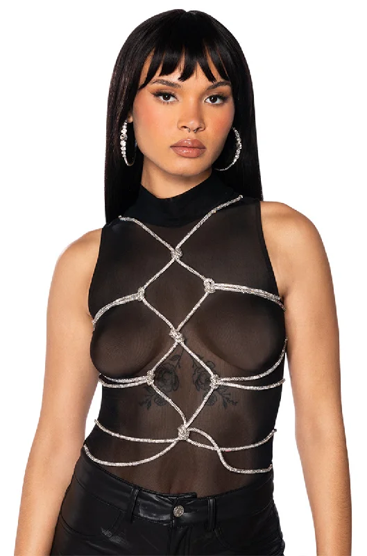 BOUT TIME RHINESTONE CHAIN SLEEVELESS MOCK NECK MESH BODYSUIT