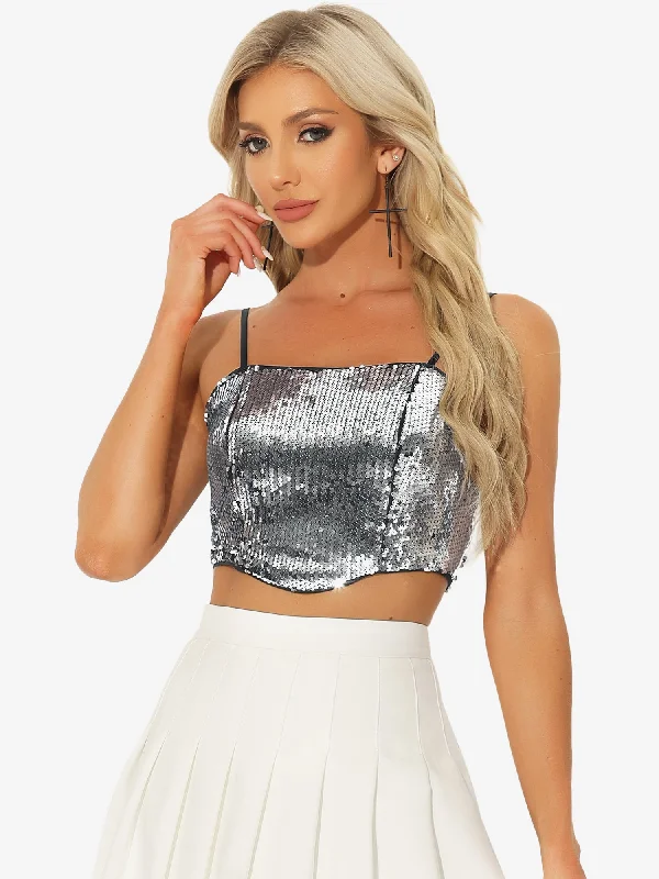 Spaghetti Straps Curve Hem Party Sparkle Crop Cami Sequin Top