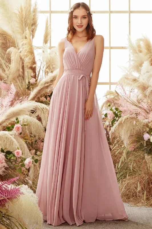 Pink V-neck long chiffon bridesmaid dress