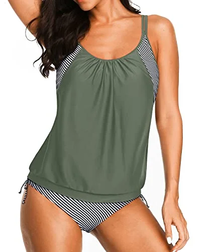 Women's Double Up Swimwear 2 Piece Blouson Tankini-Army Green