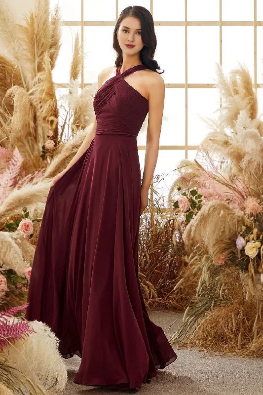 Wine red neck hanging chiffon bridesmaid dress