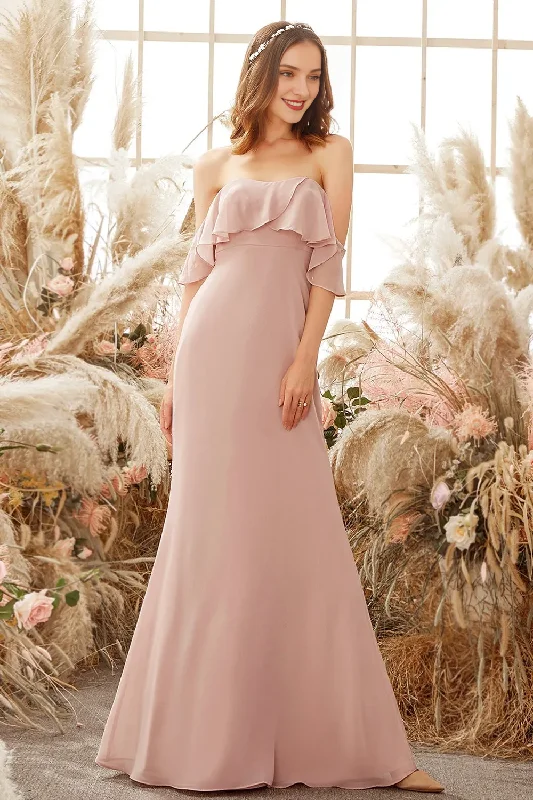 Elegant off shoulder chiffon strapless bridesmaid dress