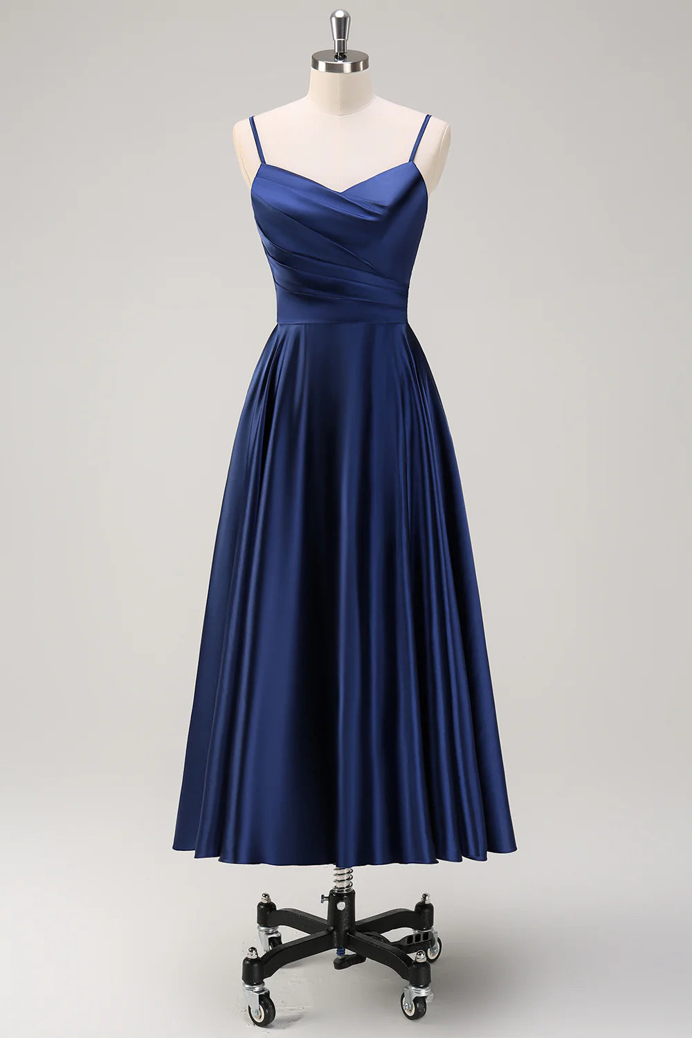 Deep sea army blue A-line thin shoulder strap pleated tea long bridesmaid dress