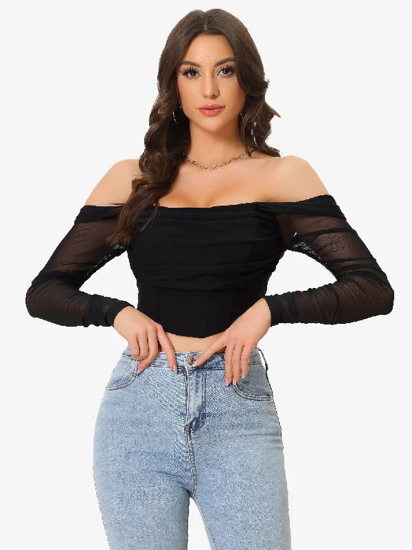 Mesh Sheer Long Sleeve Off Shoulder Party Bustier Crop Top