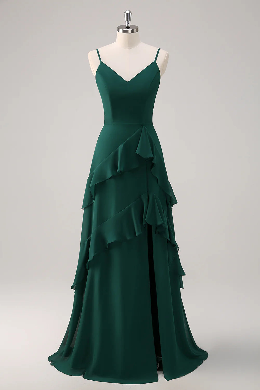 Deep green A-line thin shoulder strap ruffled chiffon and floor length slit bridesmaid dress