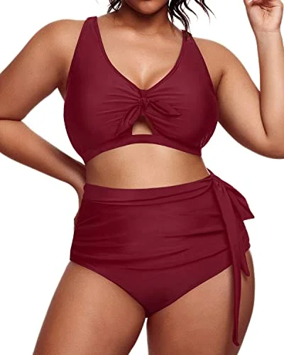 Full Coverage High Waist Bikini Plus Size Tie Knot Swim Suit-Maroon