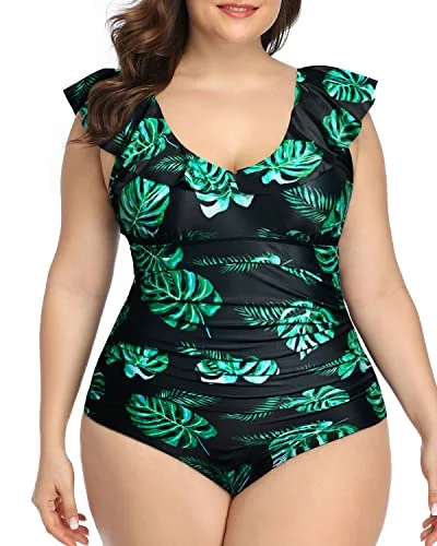 Tummy Control Plus Size One Piece Swimsuits-Black And Green Leaf