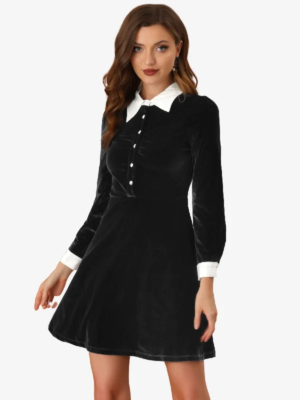 Contrast Collar A-Line Party Long Sleeve Vintage Velvet Dress