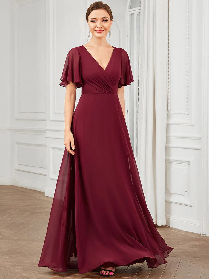 Chiffon Tie-Back Keyhole Short Sleeve A-line Bridesmaid Dress