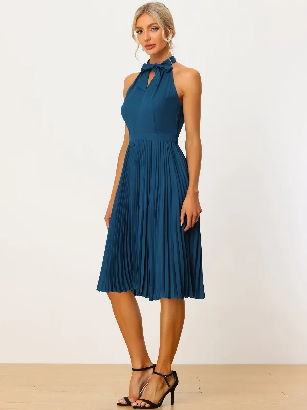 Pleated Summer Tie Halter Neck Sleeveless Party Cocktail Dress