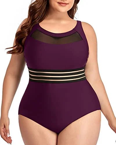 Stylish High Neck One Piece Swimsuits Plus Size-Maroon