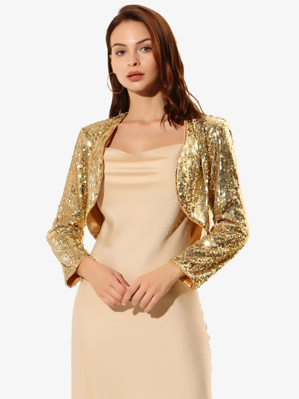 Sequin Jacket Party Long Sleeve Open Front Crop Cardigan Bolero Shrug