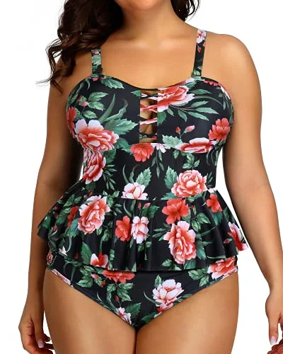 Removable And Adjustable Shoulder Straps Plus Size Swimsuits For Women-Black Floral