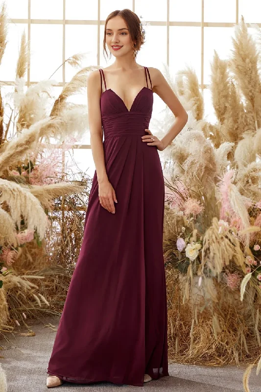 Wine red chiffon A-line thin shoulder strap and floor length bridesmaid dress