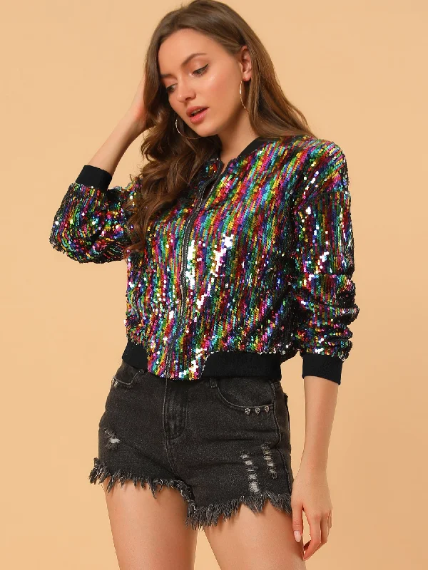 Sequin Sparkle Party Long Sleeve Zipper Bomber Jacket