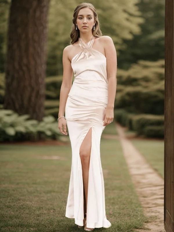 Sheath/Column Silk Like Satin Pleated Halter Floor-Length Bridesmaid Dresses