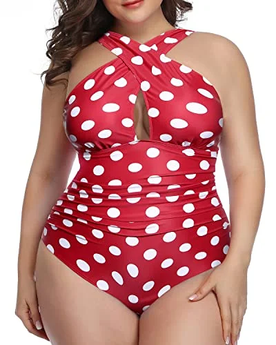 Backless Front Cross Plus Size Swimsuits For Women-Red Dot