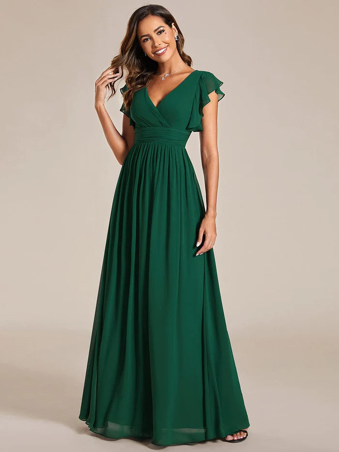 Back Cutout A-Line Pleated Ruffles Sleeve Chiffon Bridesmaid Dress