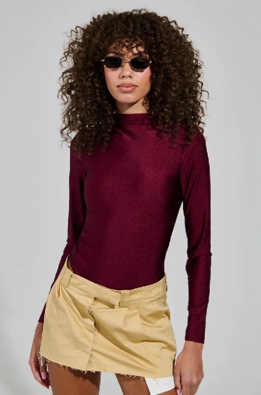 PAXTON DISCO LONG SLEEVE MOCK NECK BODYSUIT IN BURGUNDY