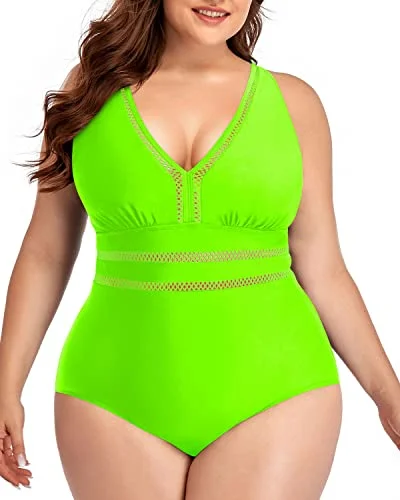 Padded Push Up Bra Plus Size One Piece Backless Swimwear-Neon Green