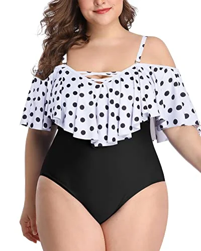 Ruffled Off-Shoulder Plus Size One Piece Swimsuits For Women-White Black Polka Dots