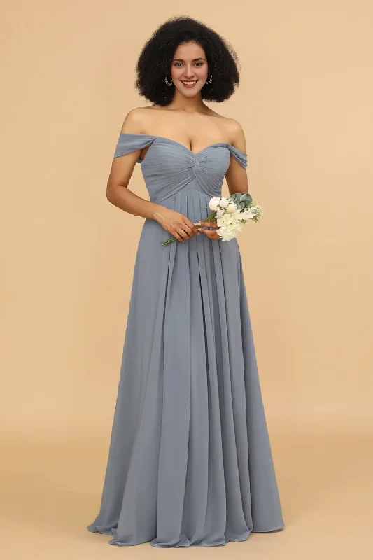 Off shoulder chiffon backless and floor length bridesmaid dress