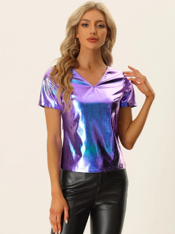 Metallic Tees V Neck Party Clubwear Shiny Top