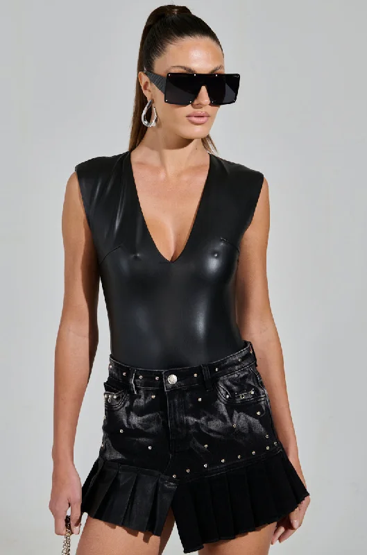 JOELLE FAUX LEATHER SLEEVELESS PLUNGE BODYSUIT