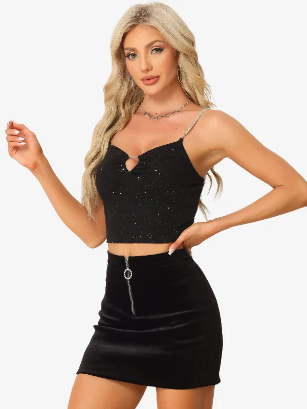 Sparkly Glitter Encrusted Spaghetti Straps Cut Out Party Camisole Cropped Tops