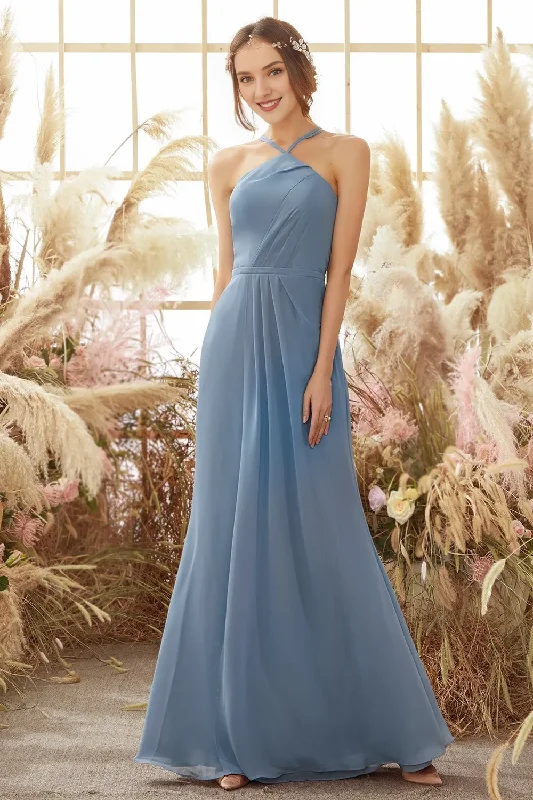 Light blue neck hanging long bridesmaid dress