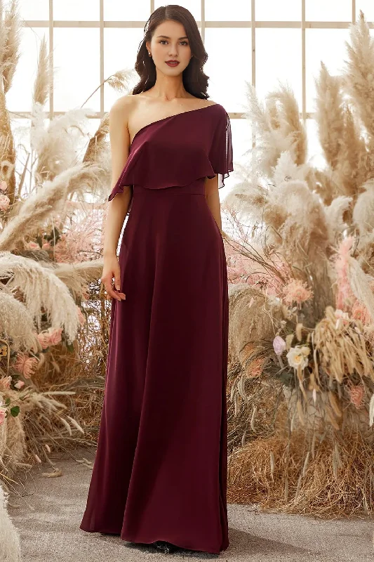 One shoulder burgundy chiffon bridesmaid dress