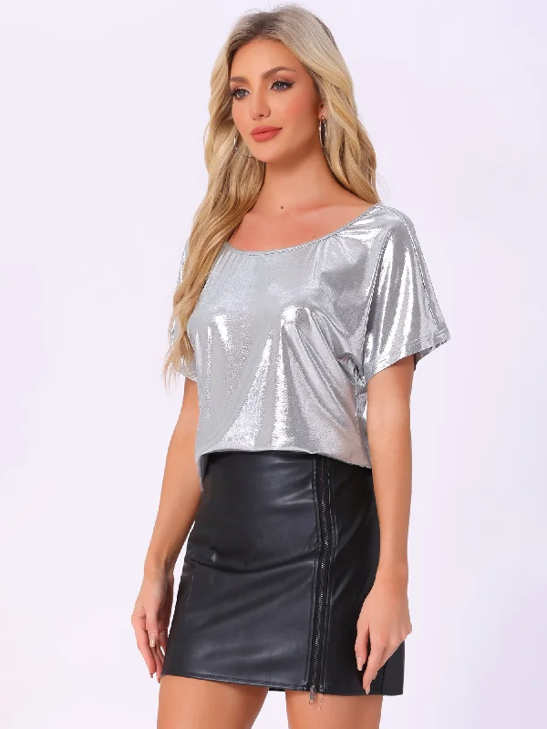 Metallic Off Shoulder Short Sleeve Loose Party Sparkly Blouse