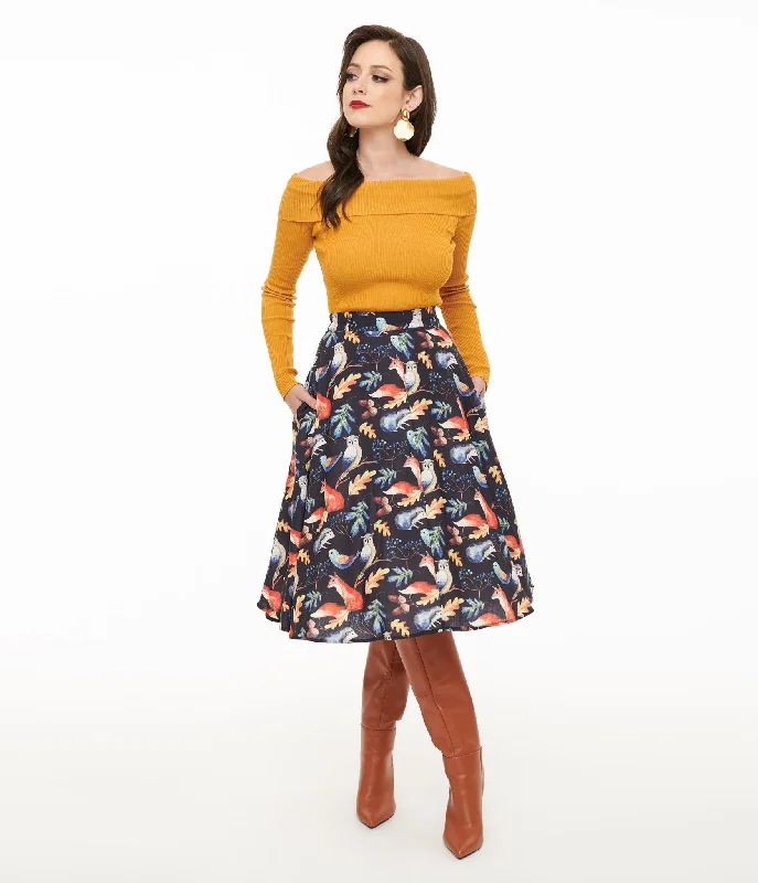 1950s Navy Fox Print Swing Skirt