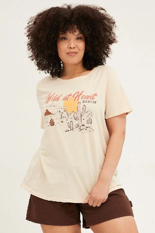 Beige Graphic T-shirt Short Sleeve Crew Neck