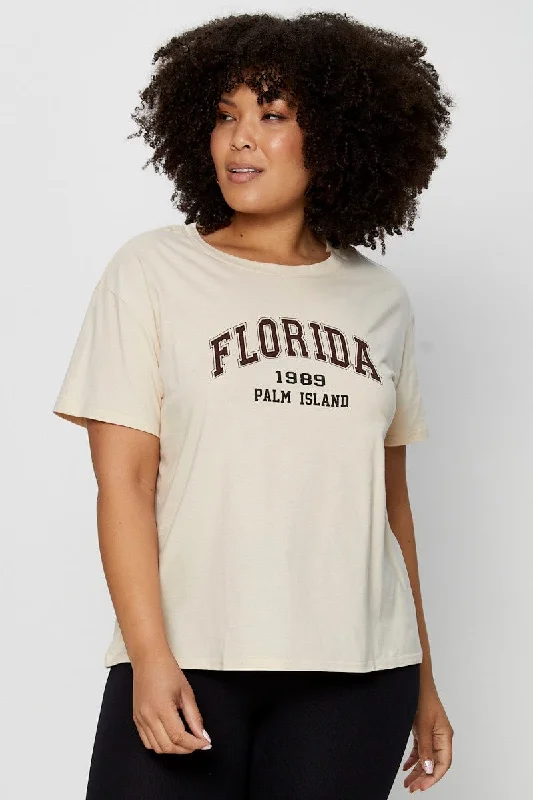 Beige Placement Cotton T-shirt Florida Embroidered Short Sleeve