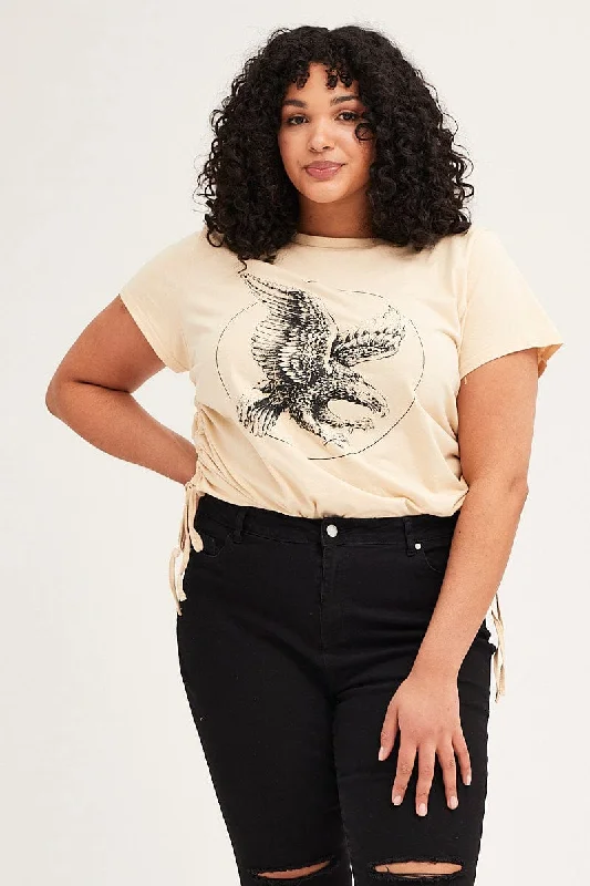 Beige Short Sleeve Eagle Drawstring T-shirt