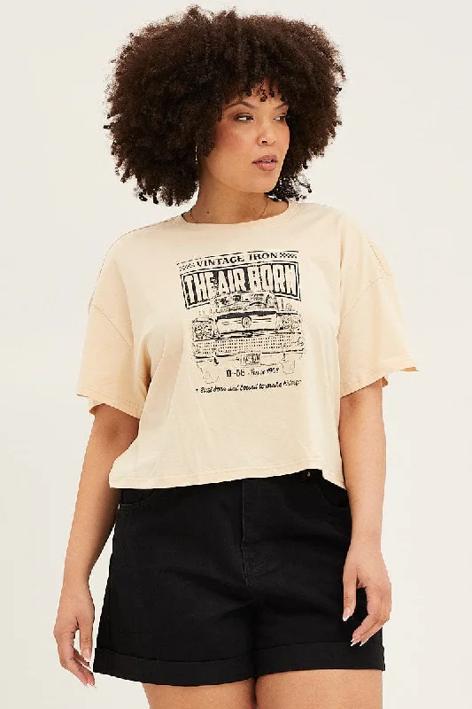 Beige Short Sleeve Graphic Crop T-shirt