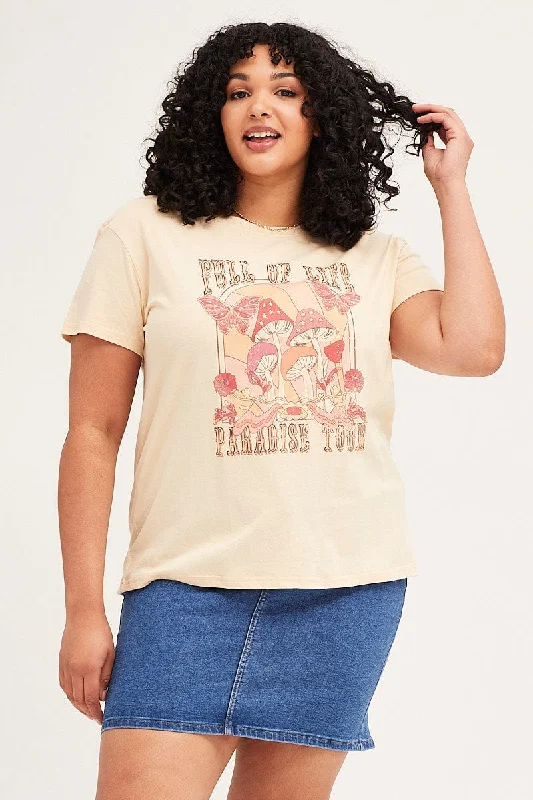 Beige Short Sleeve Round Neck Graphic T-shirt