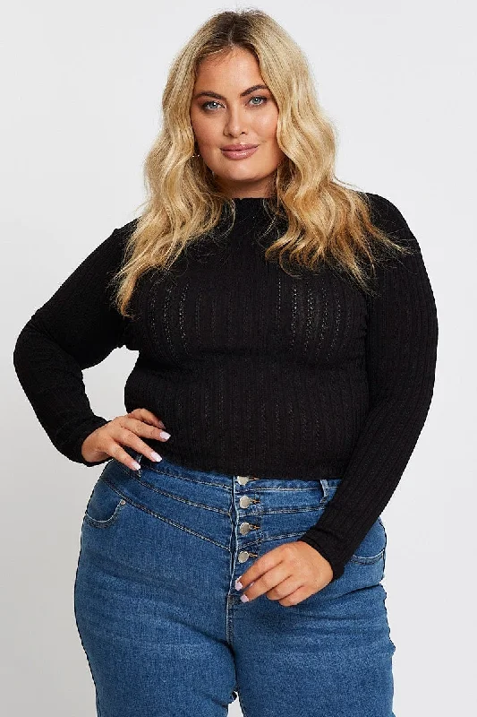 Black Textured Jersey Black Funnel Neck Top